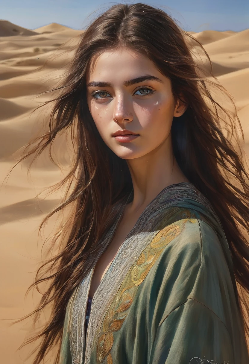 19 year old girl , high, slim, , long , dark copper hair blowing in the wind, subtle freckles, green eyes, walks through the desert towards the viewer, dressed in loose flowing embroidered clothes, which gradually turn into sand and are carried by the wind, masterpiece, high детализация, high quality, a high resolution, complex parts, Small parts, Correct anatomy, The right face, Beautiful face, Golden ratio, acrylic paint, airbrush, soft light