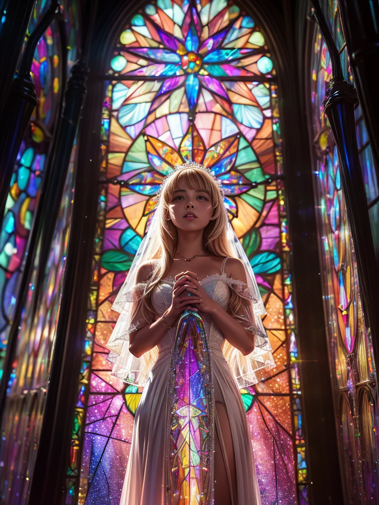 (Cathedral from below:1.28) (ZoomLayer) TopQuality 8K masterpiece of ((Professional photo)), (((Clarisse de Cagliostro))) (Detailed White WeddingDresses), Chain, (((Extremely detailed KAWAII face))) {((VeiledFace))|BlondeHair|(Elaborate BuleEyes)with(SparklingHighlights:1.28)}, The background is distant (((Elaborate stained glass))) Rainbow Glass, {(MysticSight)|EnchantingAtmosphere|Haze|(GodRays)|TyndallEffect}, Radiant PearlSkin with Transparency, (Exposed:0.39)