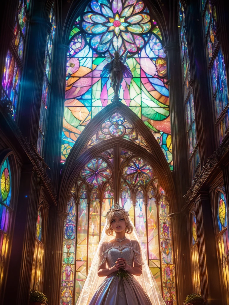 (Cathedral from below:1.28) (ZoomLayer) TopQuality 8K masterpiece of ((Professional photo)), (((Clarisse de Cagliostro))) (Detailed White WeddingDresses), Chain, (((Extremely detailed KAWAII face))) {((VeiledFace))|BlondeHair|(Elaborate BuleEyes)with(SparklingHighlights:1.28)}, The background is distant (((Elaborate stained glass))) Rainbow Glass, {(MysticSight)|EnchantingAtmosphere|Haze|(GodRays)|TyndallEffect}, Radiant PearlSkin with Transparency, (Exposed:0.39)
