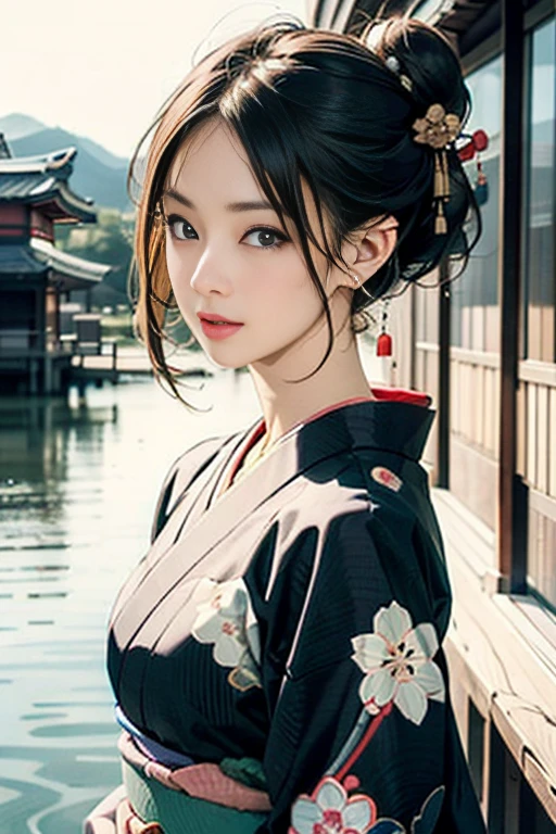 (Highest quality、 8k 、masterpiece、High resolution)、(whole body)、Vibrant colors、Brown-black bob、Traditional topknot、Ample breasts、(Detailed face,Beautiful Face,Beautiful Eyes,Beautiful nose,Pretty lips)、Official artwork、Ukiyo-e style、 (Beautiful woman in kimono)、(Vivid floral patterned kimono)、background、river、bridge、Mountain、Starry Sky、plum、