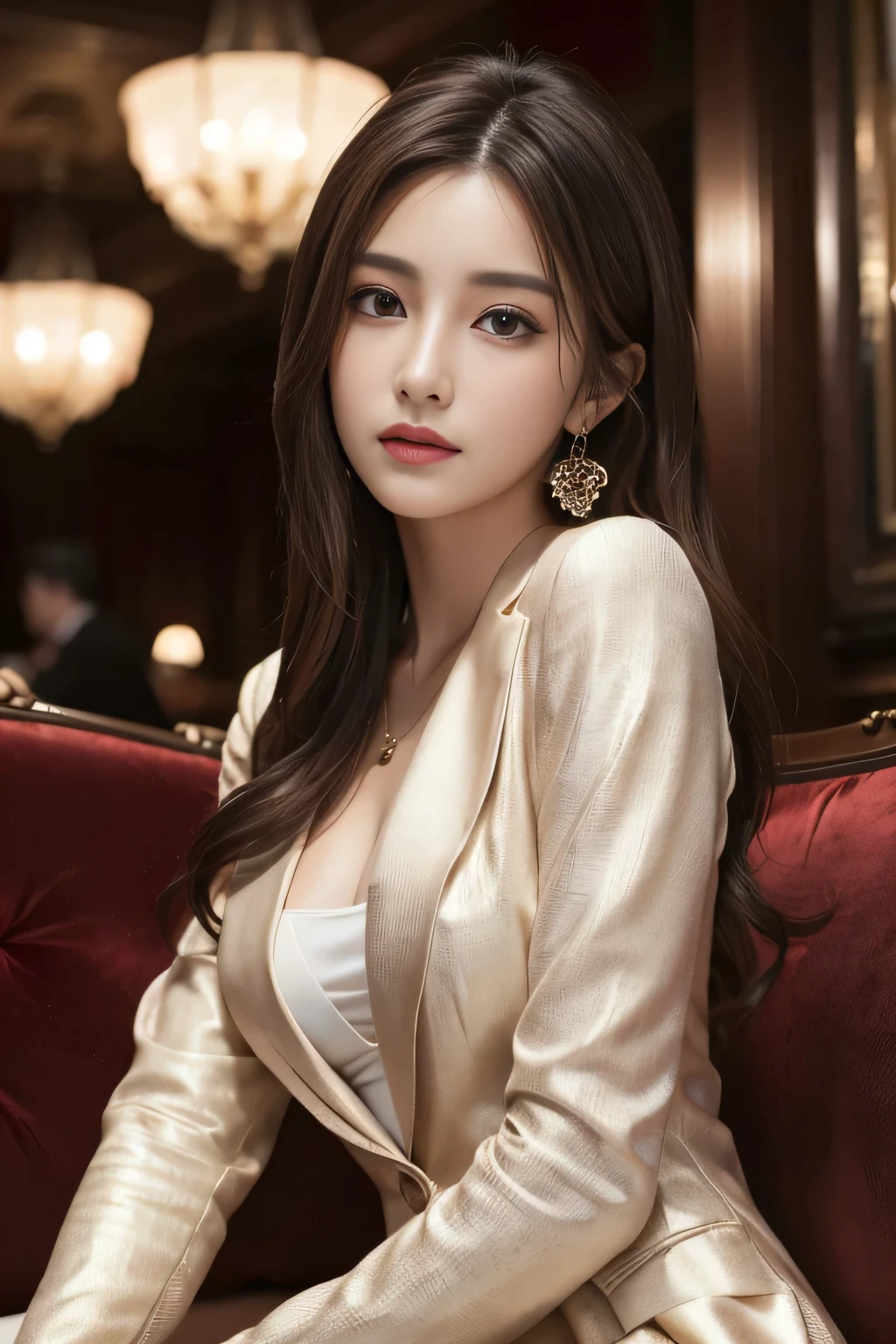 masterpiece, Highest quality, Realistic, Very detailed, Finer details, High resolution, 8k wallpaper, One beautiful woman, Wear a nice suit, In a great restaurant, At night, Light brown messy hair, Perfect dynamic composition, Beautiful and beautiful eyes、Big earrings、Sit on the sofa、