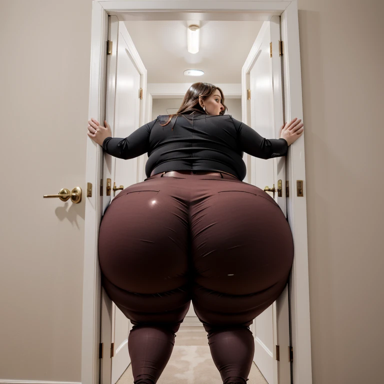masterpiece, 1girl tall, fat, bottom heavy ssbbw british, 30 year old, behind a doorway, from behind, (doorstuck, stuckback:1.3), big belly, huge wide hips, massive butt, thick thighs, colorful clothing, wearing a red suit and tie and formal pants, upset, she tries to wiggle her big body through the door, but the door is too small and she is stuck tight, she kicks and swings her legs back and forth in a panic, she is way too big and round to fit through,, she looks behind at the viewer politely asking for some help as she tries to pull herself out with all her might, she swings her hips desperately