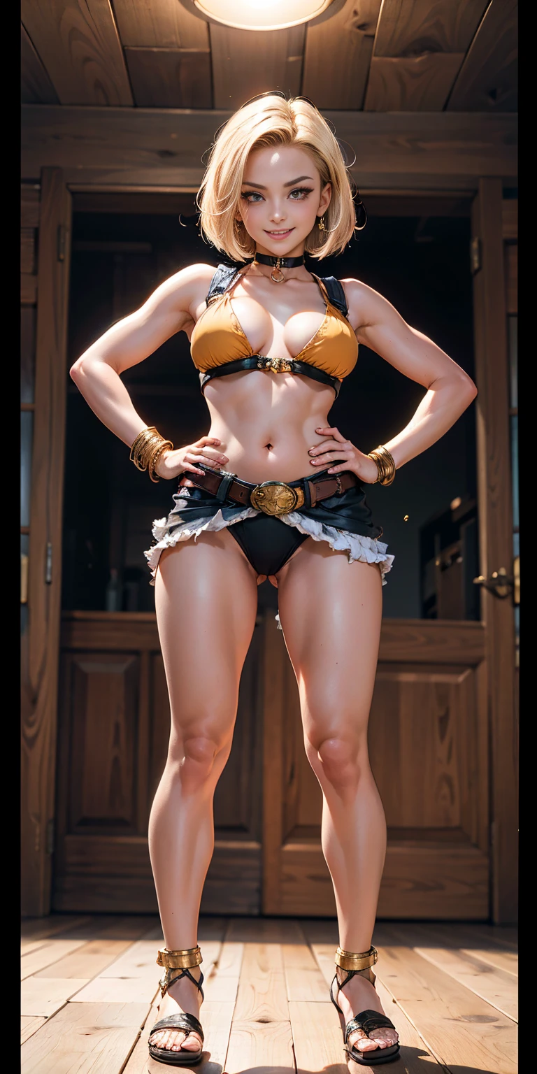 masterpiece, best quality, full body, barefoot, solo, female, big breast, Android 18, yellow bikini, hands on waist, navel, lustful smirking smiling, smile face (red blushed, red cheeks), metal shoulders, gold sleeveless armbands, black leather choker slave collar, shackle bracelets, sex slave red crest, pauldrons, breastplate, corset, eye focus, full body, whole body. 1solo . slave fighter, loincloth standing, hands on hips, metal sandals, backpack, choker, big belt, view from below, feet together, bracers, tiara)