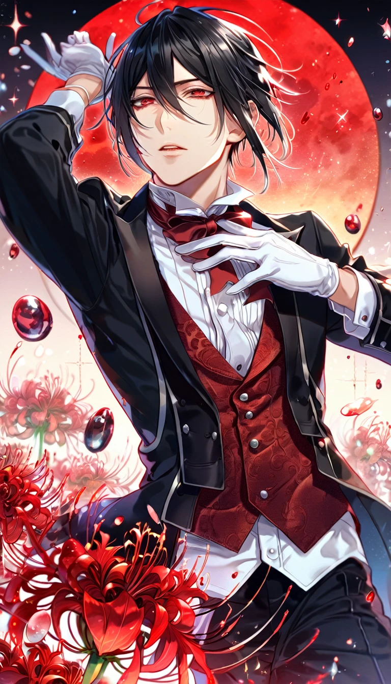 absurdres, highres, ultra detailed, HDR, master piece, best quality, extremely detailed, Sebastian Michaelis, black hair, expressive red eyes, Kuroshitsuji, solo, sexy man, handsome, sensual, black butler clothes, white gloves, fantasy, red blood water, sparkling, red glittering fireflies, red moon, red blossoms, red spider lilies, red sparkling lights, starry sky, magical
