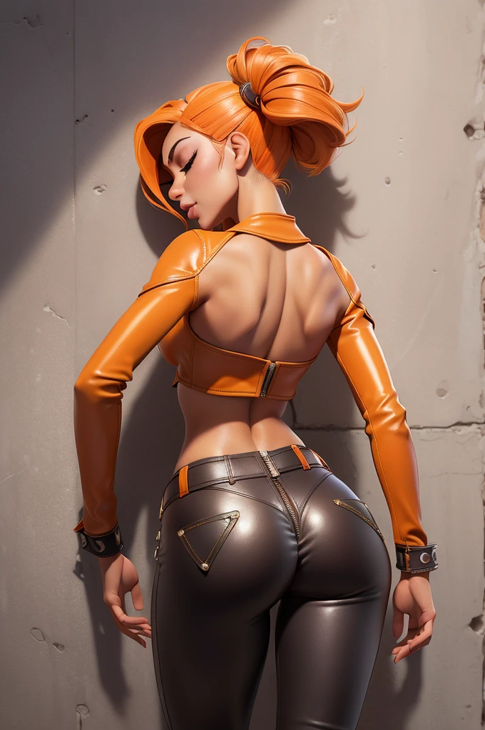 Girl, TracerOver, sexy pose, red hair, narrow thin waist, hips, legs, masterpiece, realistic skin, beautiful shape, smile, tracers cloth, round ass, from behind