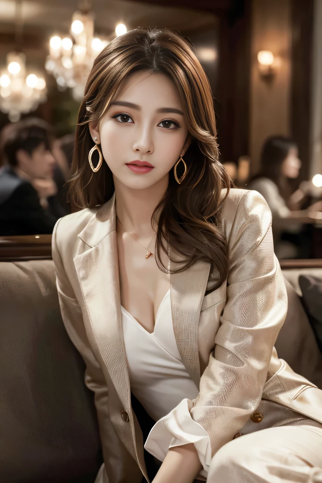 masterpiece, Highest quality, Realistic, Very detailed, Finer details, High resolution, 8k wallpaper, One beautiful woman, Wear a nice suit, In a great restaurant, At night, Light brown messy hair, Perfect dynamic composition, Beautiful and beautiful eyes、Big earrings、Sit on the sofa、