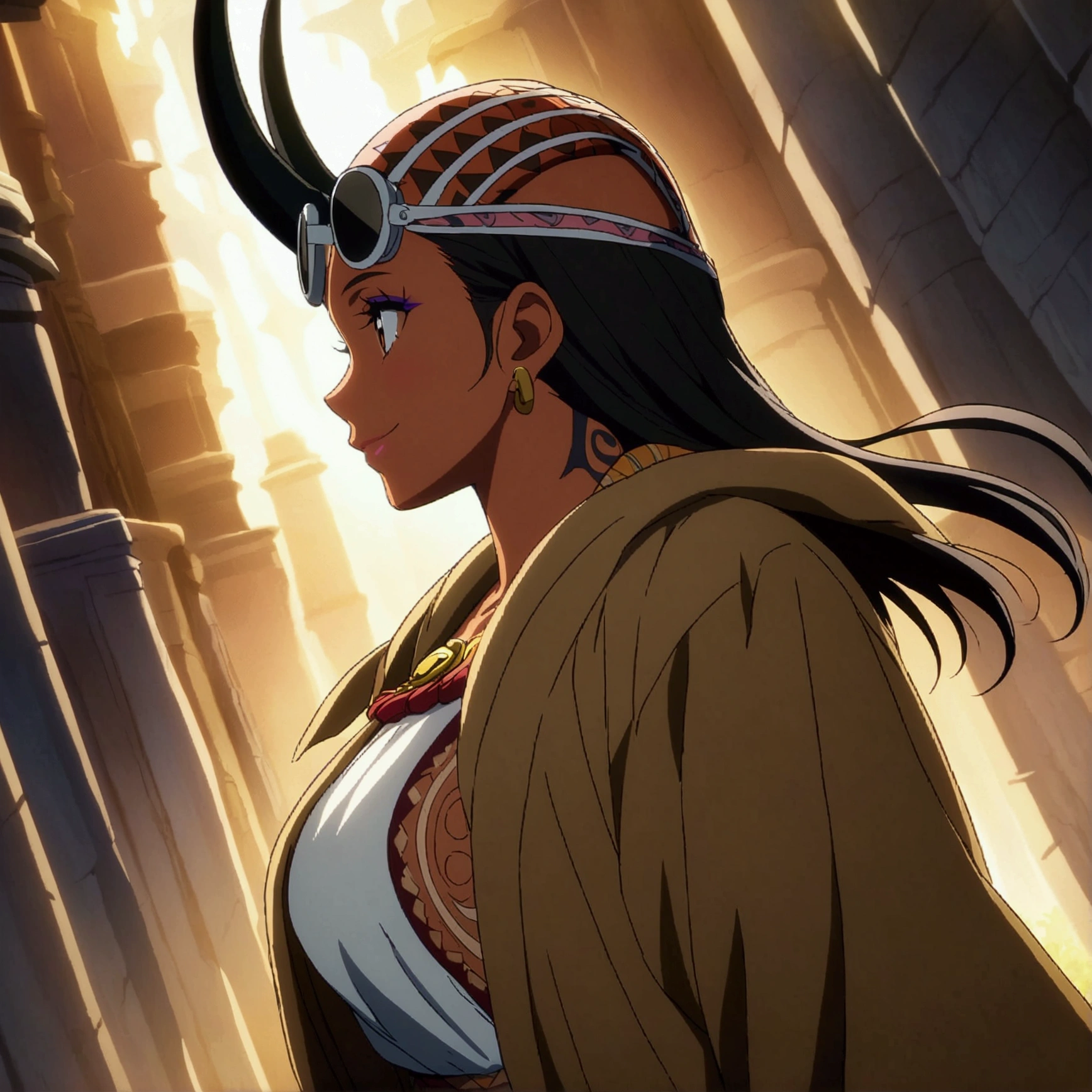 Black woman, muscular and large physique, beautiful makeup, navigator glasses, horns on her head, tribal tattoos, brown overcoat, white blouse, cheerful smile, "Anime design inspired by One Piece, filled with dramatic and impressive lighting, profile portrait, refined angle, infused with creative details, ultra-fine 2D design, scenery bathed in creativity, boasting 2D anime resolution clarity, HD anime graphics, high-octane rendering"