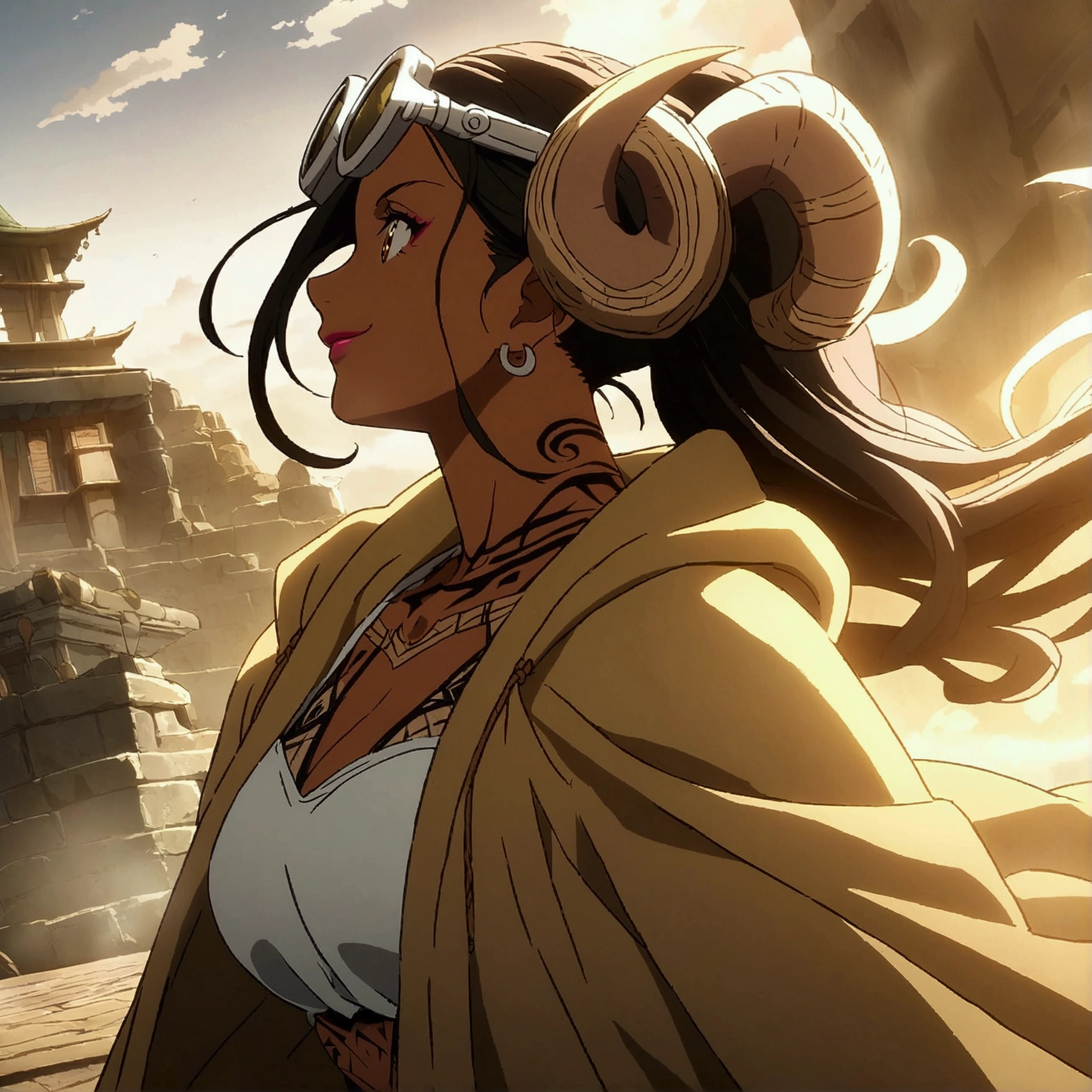 Black woman, muscular and large physique, beautiful makeup, navigator glasses, horns on her head, tribal tattoos, brown overcoat, white blouse, cheerful smile, "Anime design inspired by One Piece, filled with dramatic and impressive lighting, profile portrait, refined angle, infused with creative details, ultra-fine 2D design, scenery bathed in creativity, boasting 2D anime resolution clarity, HD anime graphics, high-octane rendering"