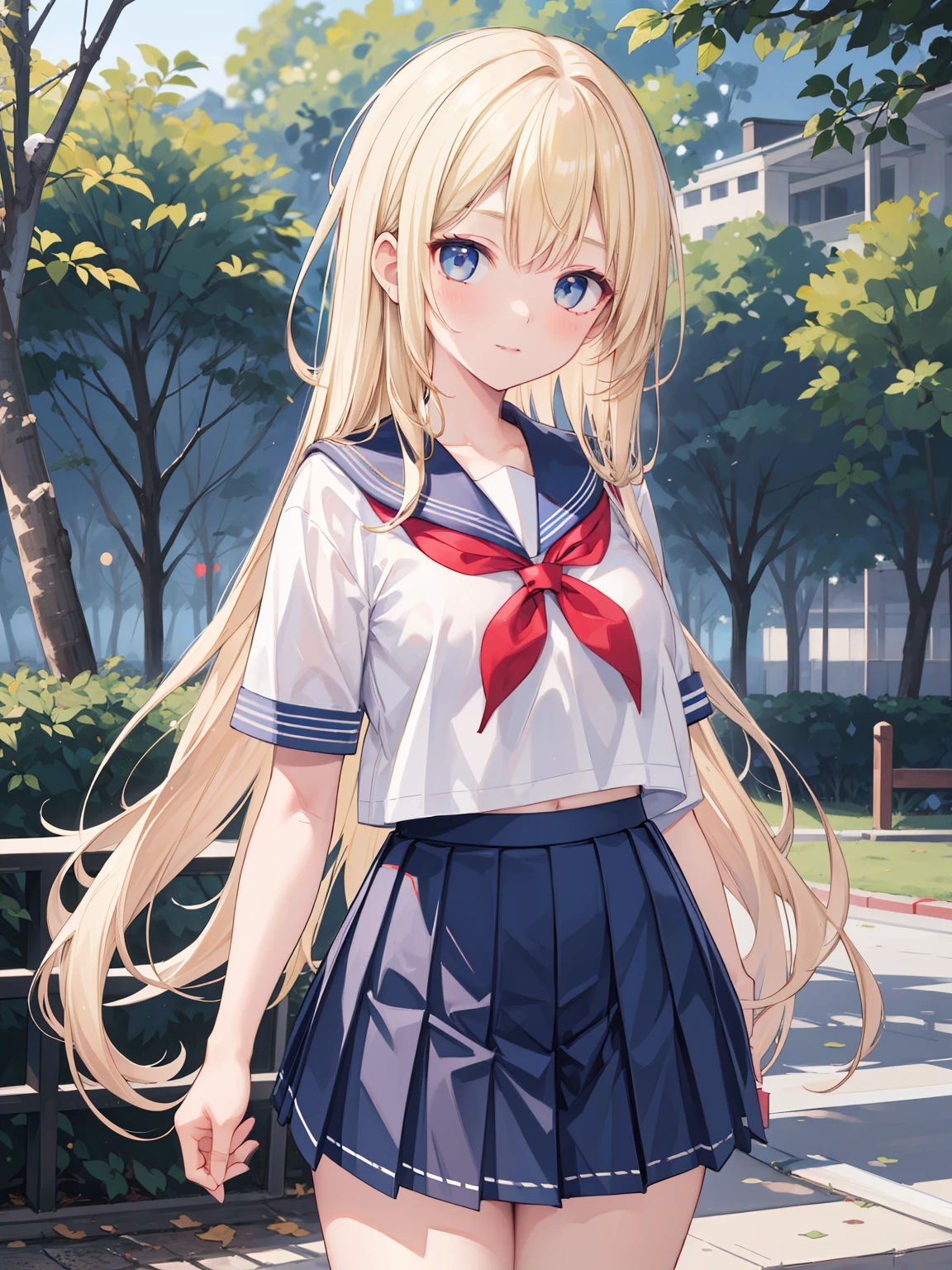 Masterpiece, hd, realistic, 1girl, 18 y.o, blonde hair, long hair,  serafuku, sailor_uniform, white_uniform, blue pleated skirt, red sailor collar, short sleeves, standing, park