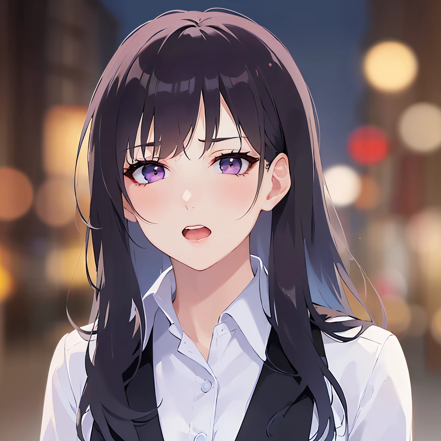 (looking at viewer:1.5),Looking up、
Realistic, real person, (pale skin: 1.2), RAW photo, photorealistic, shiny skin, shiny hair、
(A 25-year-old woman with straight hair and bangs) and (medium hair) and (black hair) and (purple eyes) ,
(Wearing a business suit) and (Wearing a white collared shirt)、
worried,tearful,Clenching fists,open mouth,The background is the city at night