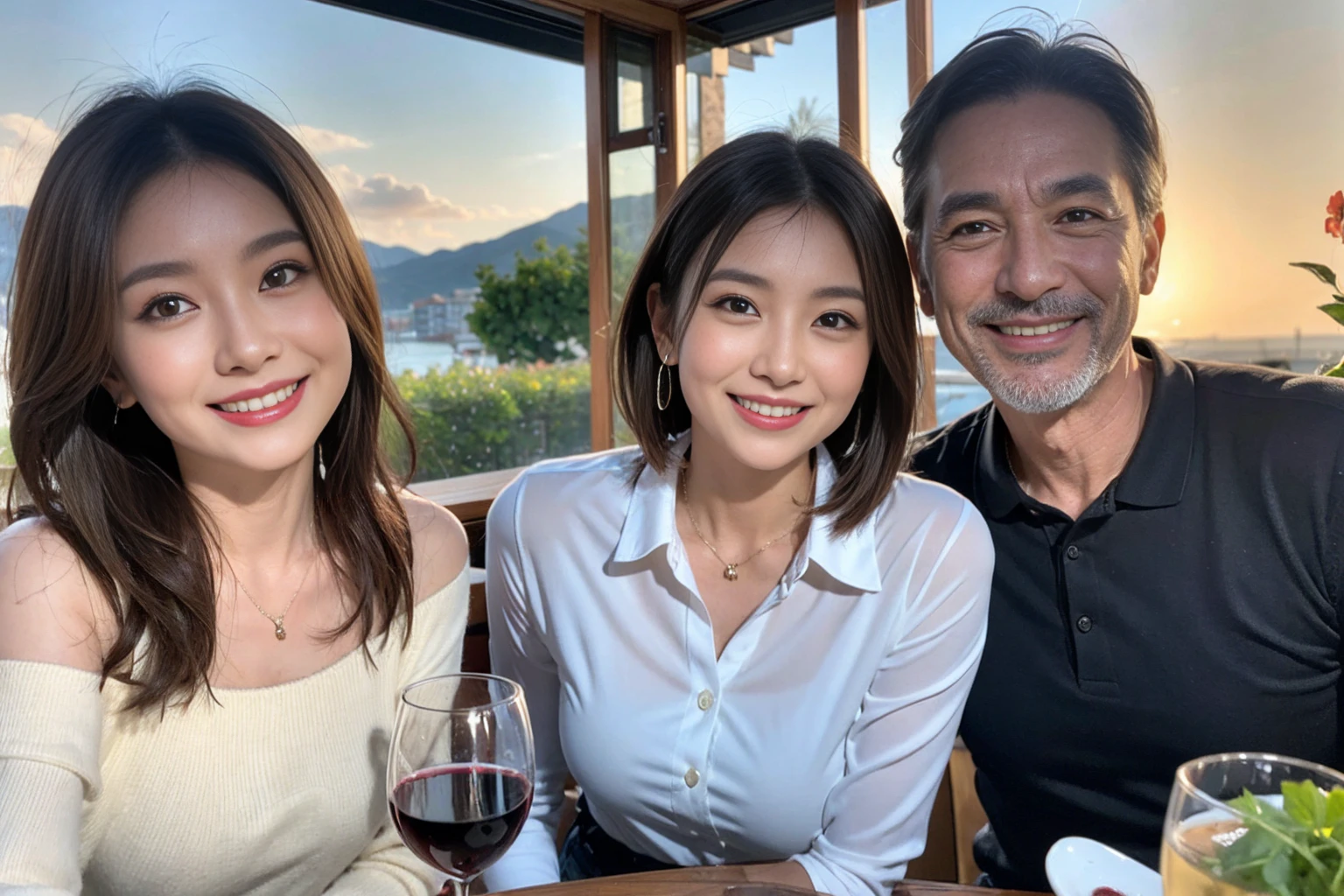(Realistic:1.1),(masterpiece,Highest quality),8k,(44 years old), 47 years old, lover、Happy couple、Model Couple、actress/actor、Tight waist,Upper Body,full-course dinner、wine 、Amazing view of the sunset sky and clouds、Perfect Anatomy, Brown Hair, short hair,Random Hairstyles,((Highly detailed face and eyes:1.2))(cute顔:1.4),美しいactressの顔,Perfect golden ratio face,Long sleeve shirt、dress,(smile:1.2)、Shortcuts、cute、(Realistic, Intricate details:1.2), A bright smile、short hair,Bright Face、赤wine 、Appetizers、Italian food、wine bottle、Champagne、スパークリングwine、(slimな顔), (The body is slim), (Brown Hair), (Shortcuts), Upper Body, 白wine, slim, wineグラス,