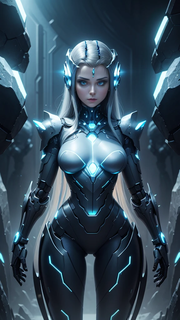 studio photo, beautiful robotic metal woman standing alone, strange fantasy image, odd glowing rocks, beautiful, detailed, long flowing hair, medium breasts, great skin texture