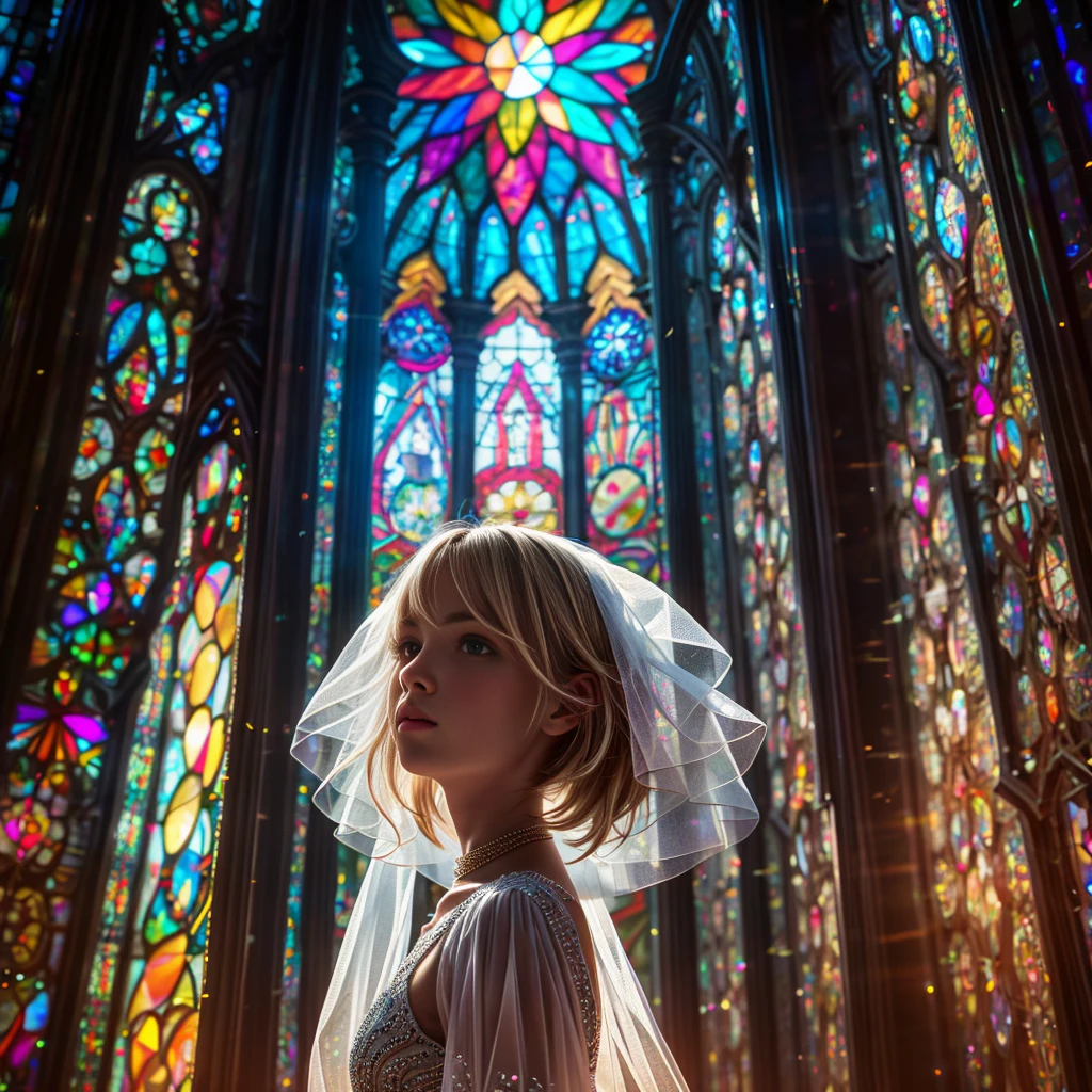  (Cathedral from below:1.28) (ZoomLayer) TopQuality 8K masterpiece of ((Professional photo)), (((Clarisse de Cagliostro))) (Detailed White WeddingDresses), Chain, (((Extremely detailed KAWAII face))) {((VeiledFace))|BlondeHair|(Elaborate BuleEyes)with(SparklingHighlights:1.28)}, The background is distant (((Elaborate stained glass))) Rainbow Glass, {(MysticSight)|EnchantingAtmosphere|Haze|(GodRays)|TyndallEffect}, Radiant PearlSkin with Transparency, (Exposed:0.39)