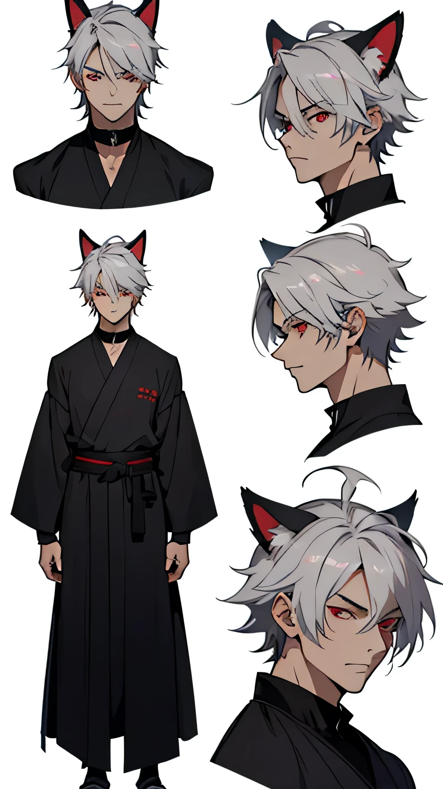 character reference sheet. Showing full head. Detailed eyes. Anime male with grey hair, red eyes, and black cat ears. neutral face, Wears old robes. Plain white background.