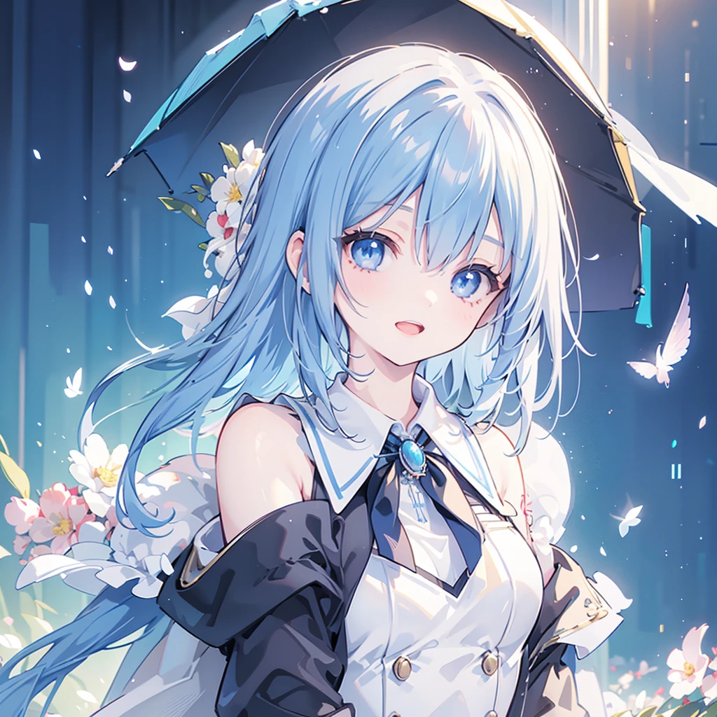 masterpiece, best quality, high quality, Very detailed CG uniform 8k wallpaper, 1 Girl, Solitary, Blue Hair, Tattoo, short hair, have, Jewelry, Smile, necklace, Looking at the audience, have, Practical, open mouth, teeth, Upper Body, Vest, nose, Bare shoulders, Artist Name, Black headdress, clavicle, arm Tattoo, blue eyes, Lips, Vague, painting, Award-winning photography, Bokeh, Depth of Field, HDR, bloom, Chromatic Aberration, realism, Very detailed, artstation Intricacy, High Detail, dramatic, midjourney&#39;s Artwork