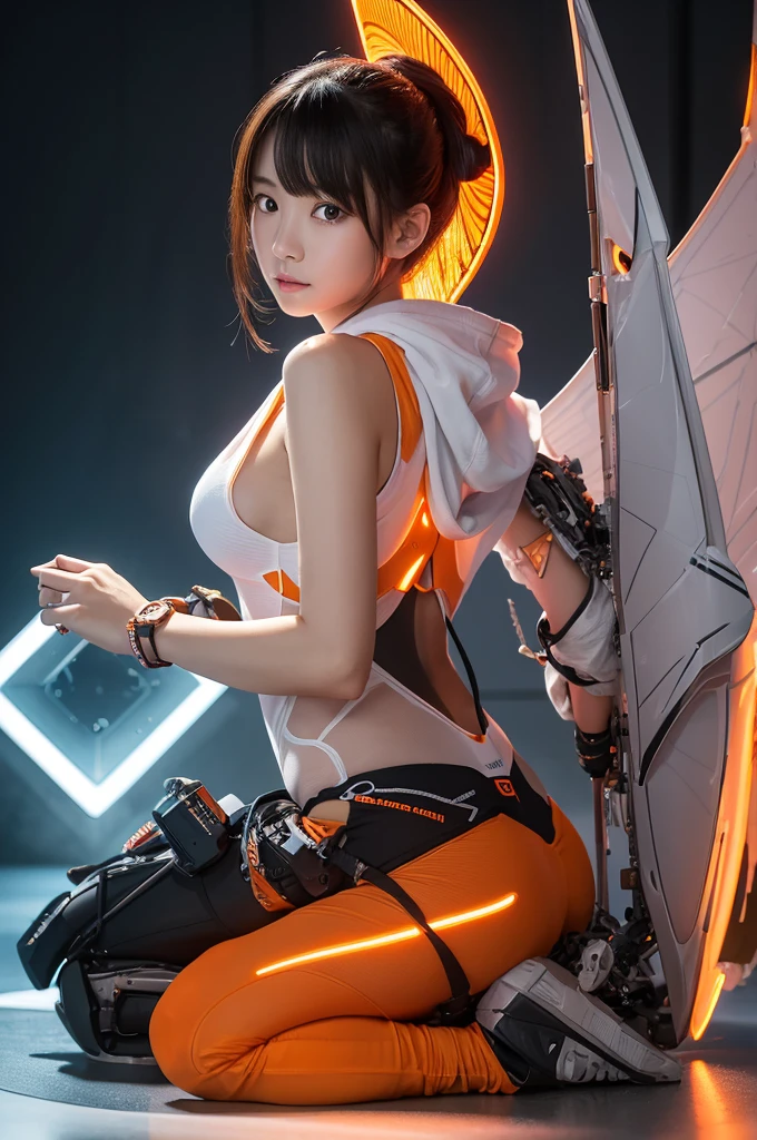 In a futuristic background、A beautiful Japanese girl, like a cyborg, wearing an orange hoodie, is standing there.。Her body is covered in orange mechanical parts.、A wing-like mechanical device is attached to its back.。An orange sheer costume partially covers the exterior of the machine.、The texture of moving cloth is realistically reproduced.。

Posing、Sitting on one knee、Lift your head a little and look straight ahead。Her face shows determination and strength。It consists of a vertical screen.、It emphasizes the overall height and the presence of the beautiful girl.。

As a photographic technique、It features ultra-realistic live-action depictions.、The use of light and shadow is meticulously calculated down to the last detail.。The background is unified in a simple white.、The beautiful girl&#39;s figure and mechanical wings are designed to stand out.。Texture and metallic luster、The movement of the cloth is expressed realistically.、It creates a futuristic and fantastical atmosphere.。