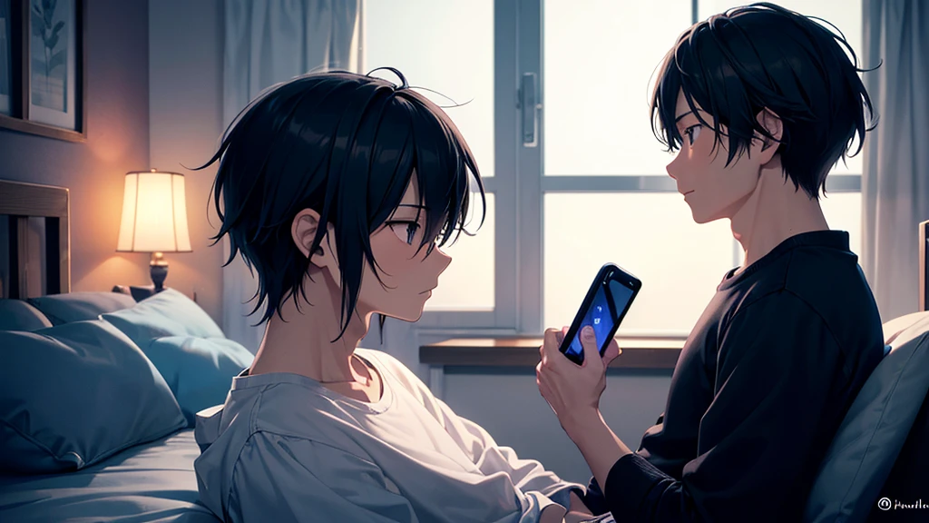 Profile view of Kenji sitting on his bed, illuminated by the blue light of his smartphone. His expression is thoughtful and slightly amazed. The room is dark except for the phone's glow, creating a intimate atmosphere.