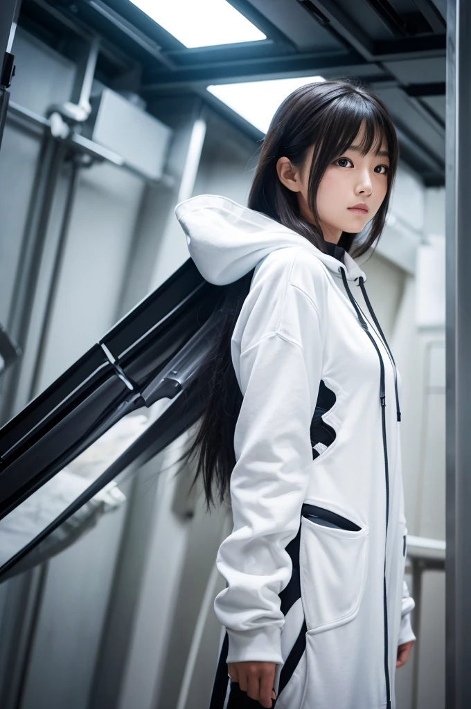 In a futuristic background、A beautiful Japanese girl, like a cyborg, wearing a white hoodie, is standing there.。Her body is covered with mechanical parts.、A wing-like mechanical device is attached to its back.。A thin garment partially covers the exterior of the machine.、The texture of moving cloth is realistically reproduced.。

Posing、Standing quietly with head slightly bowed、Her face shows determination and strength。It consists of a vertical screen.、It emphasizes the overall height and the presence of the beautiful girl.。

As a photographic technique、It features ultra-realistic live-action depictions.、The use of light and shadow is meticulously calculated down to the last detail.。The background is unified in a simple white.、The beautiful girl&#39;s figure and mechanical wings are designed to stand out.。Texture and metallic luster、The movement of the cloth is expressed realistically.、It creates a futuristic and fantastical atmosphere.。