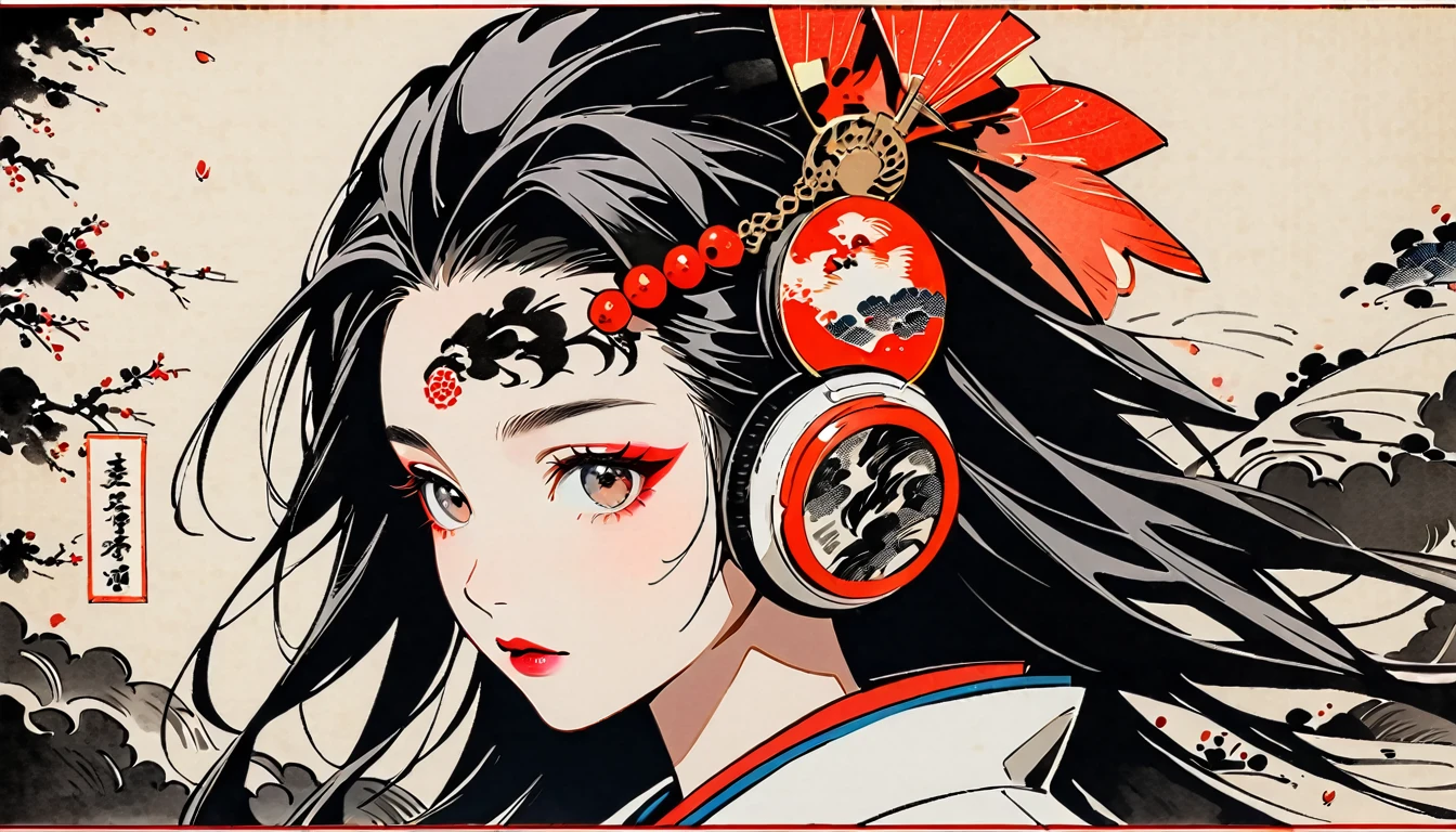 (((Ink Painting))), Fashion portrait color photos, (((1 girl))), (((Tattoo in the center of the forehead))), (((Very flashy hair accessories))), (((Very flashy makeup))), Japanese style headphones, face close-up, Japan人の美少女, Black Hair, Delicate and precise, Modern ukiyo-e style,Japan, Japanese flag