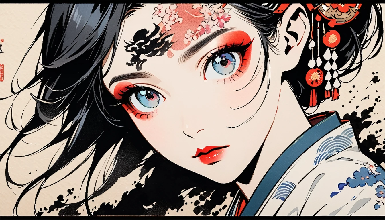 (((Ink Painting))), Fashion portrait color photos, (((1 girl))), (((Tattoo in the center of the forehead))), (((Very flashy hair accessories))), (((Very flashy makeup))), Japanese style headphones, face close-up, Japan人の美少女, Black Hair, Delicate and precise, Modern ukiyo-e style,Japan, Japanese flag