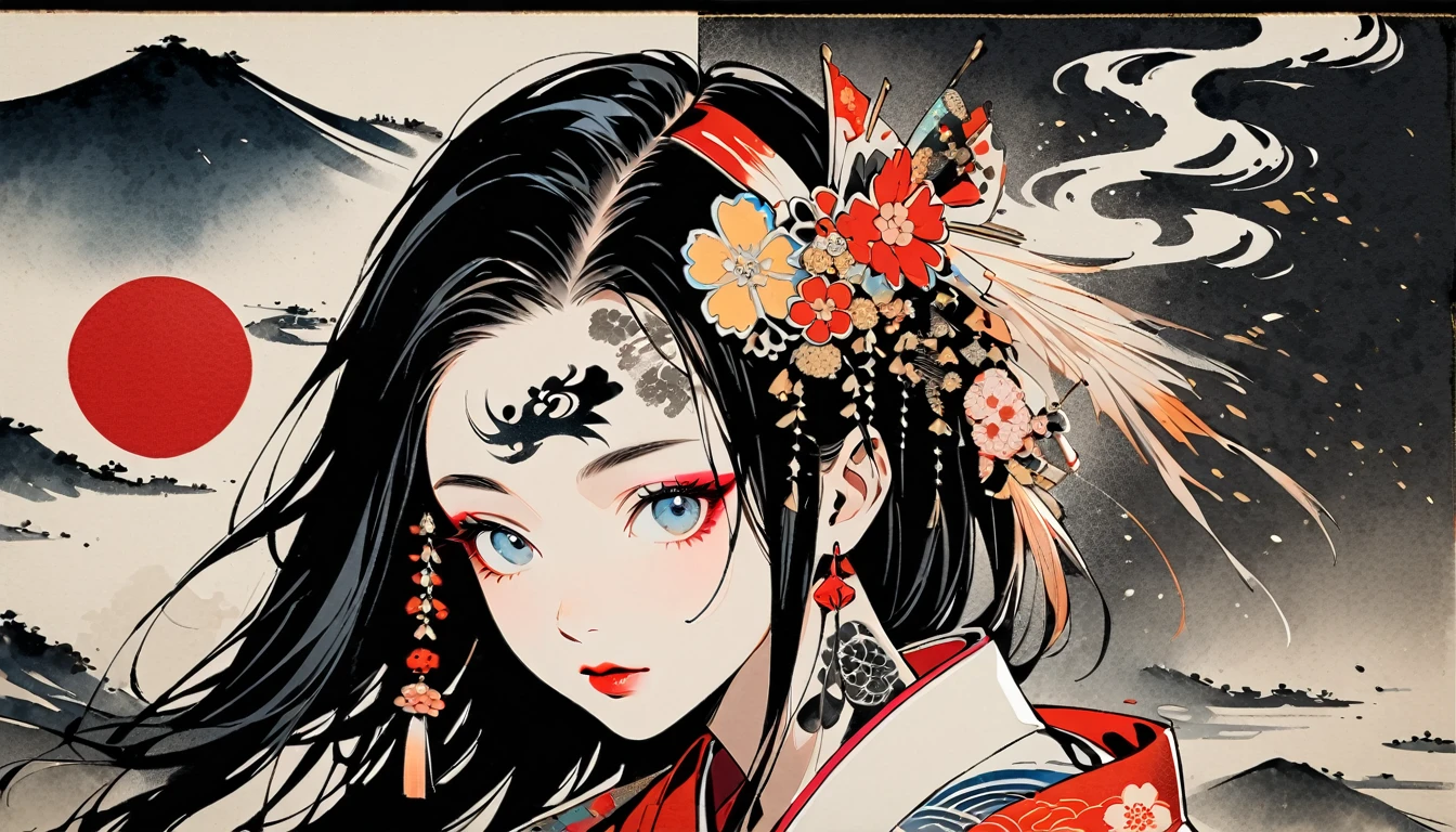 (((Ink Painting))), Fashion portrait color photos, (((1 girl))), (((Tattoo in the center of the forehead))), (((Very flashy hair accessories))), (((Very flashy makeup))), Japanese style headphones, face close-up, Japan人の美少女, Black Hair, Delicate and precise, Modern ukiyo-e style,Japan, Japanese flag