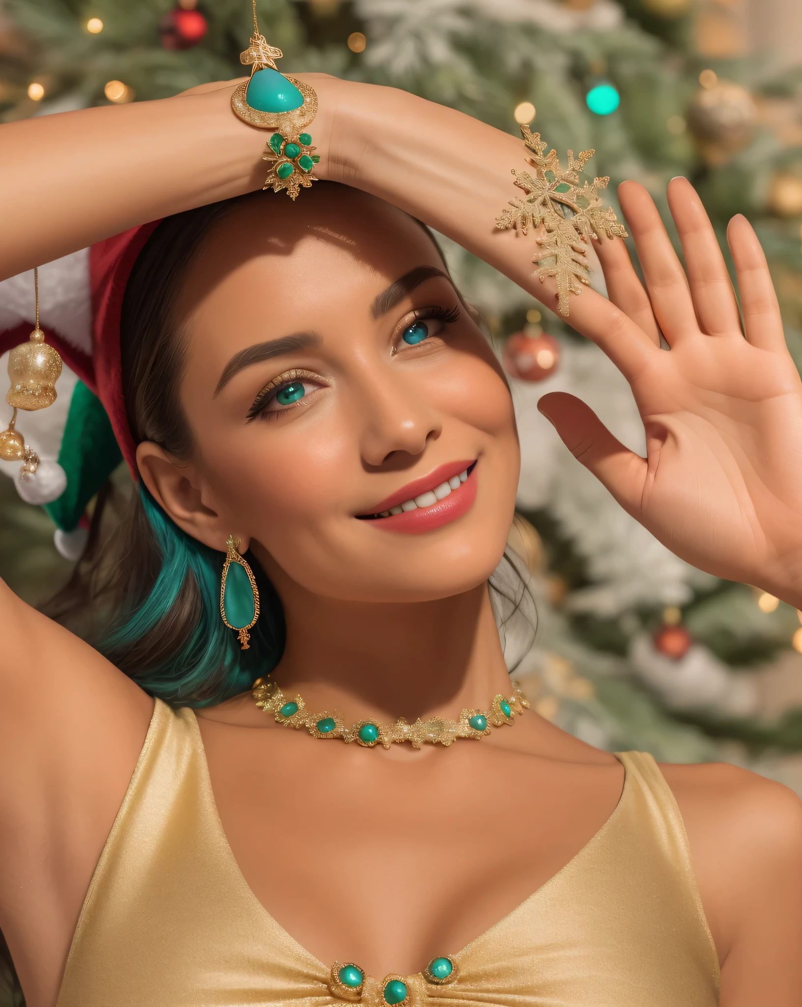 araffe woman in a gold dress posing for a picture, turquoise jewelry, julia sarda, by Emma Andijewska, 🤬 🤮 💕 🎀, by Anna Haifisch, christina kritkou, photo of a hand jewellery model, jaw-dropping beauty, by Alexis Grimou, turquoise, embedded with gemstones, by Jeanna bauck,HD, (finest details), (best quality), Merry, Christmas decorations, night, Christmas theme, Christmas gifts, Christmas tree, best quality, high resolution, Christmas decorations, lights, snowflakes, (( (Red Christmas hat))),