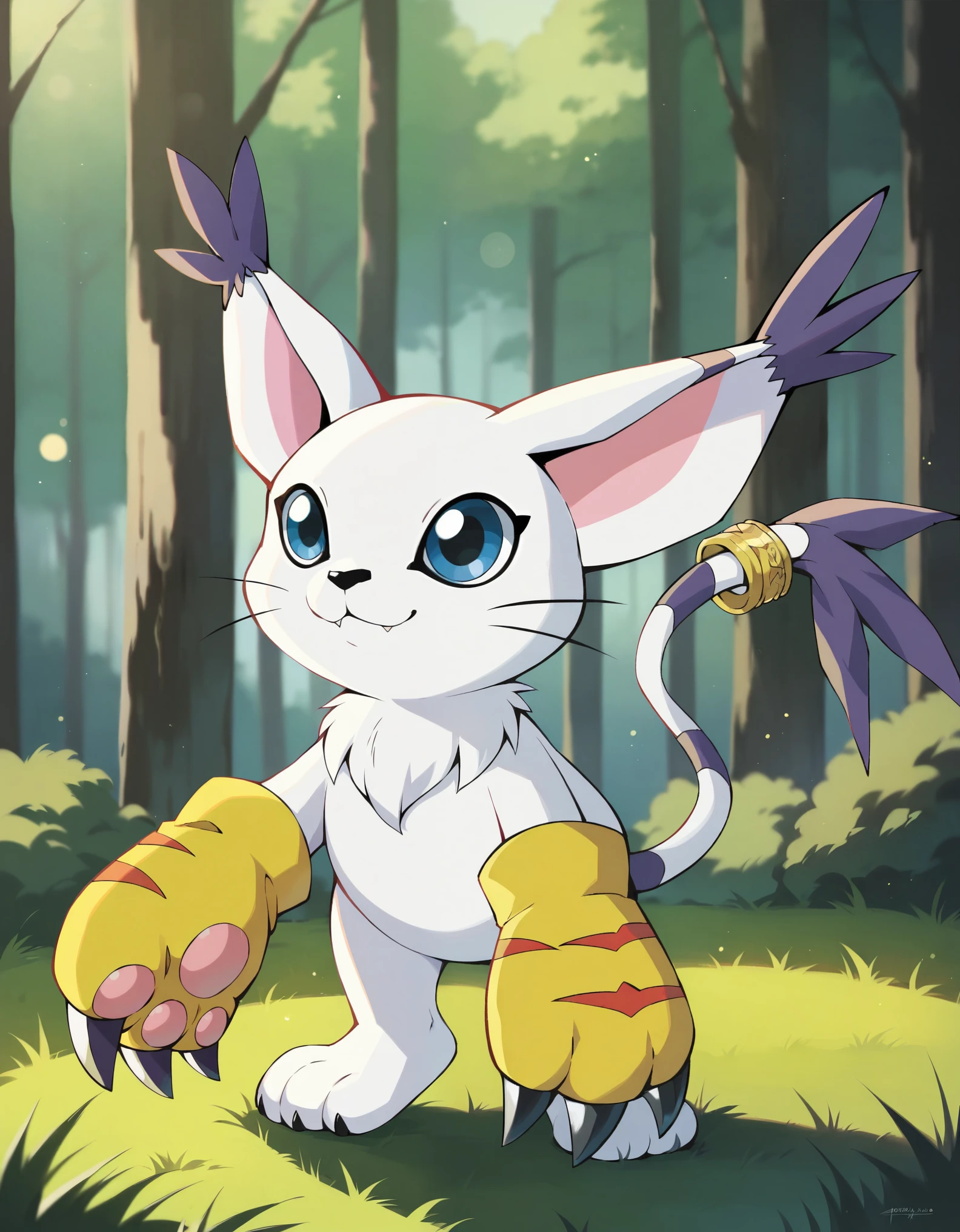 score_9,score_8_up,score_7_up, absurdres,masterpiece,outstanding,gatomon,digimon,feral, a photograph of gatomon standing, in a forest, blue eyes, tail ring, paw gloves, yellow gloves, feral,dof,bokeh