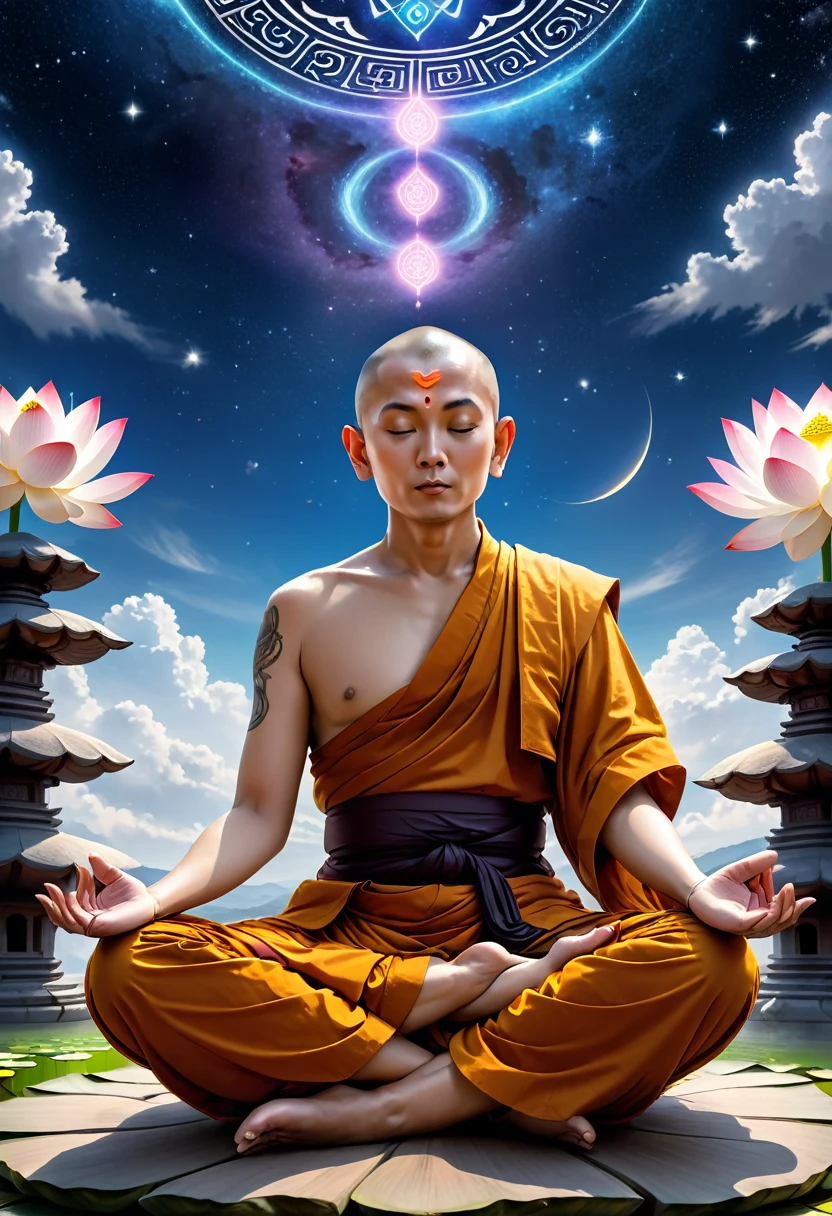 A monk. In traditional Buddhist attire. In Lotus position. Reciting a mantra. Runes come out of your thoughts. in the sky, celestial beings observe the world.