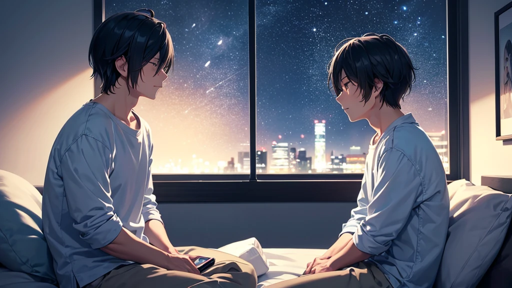Profile view of Kenji sitting on his bed, illuminated by the blue light of his smartphone. His expression is thoughtful and slightly amazed. The room is dark except for the phone's glow, creating a intimate atmosphere.Living alone