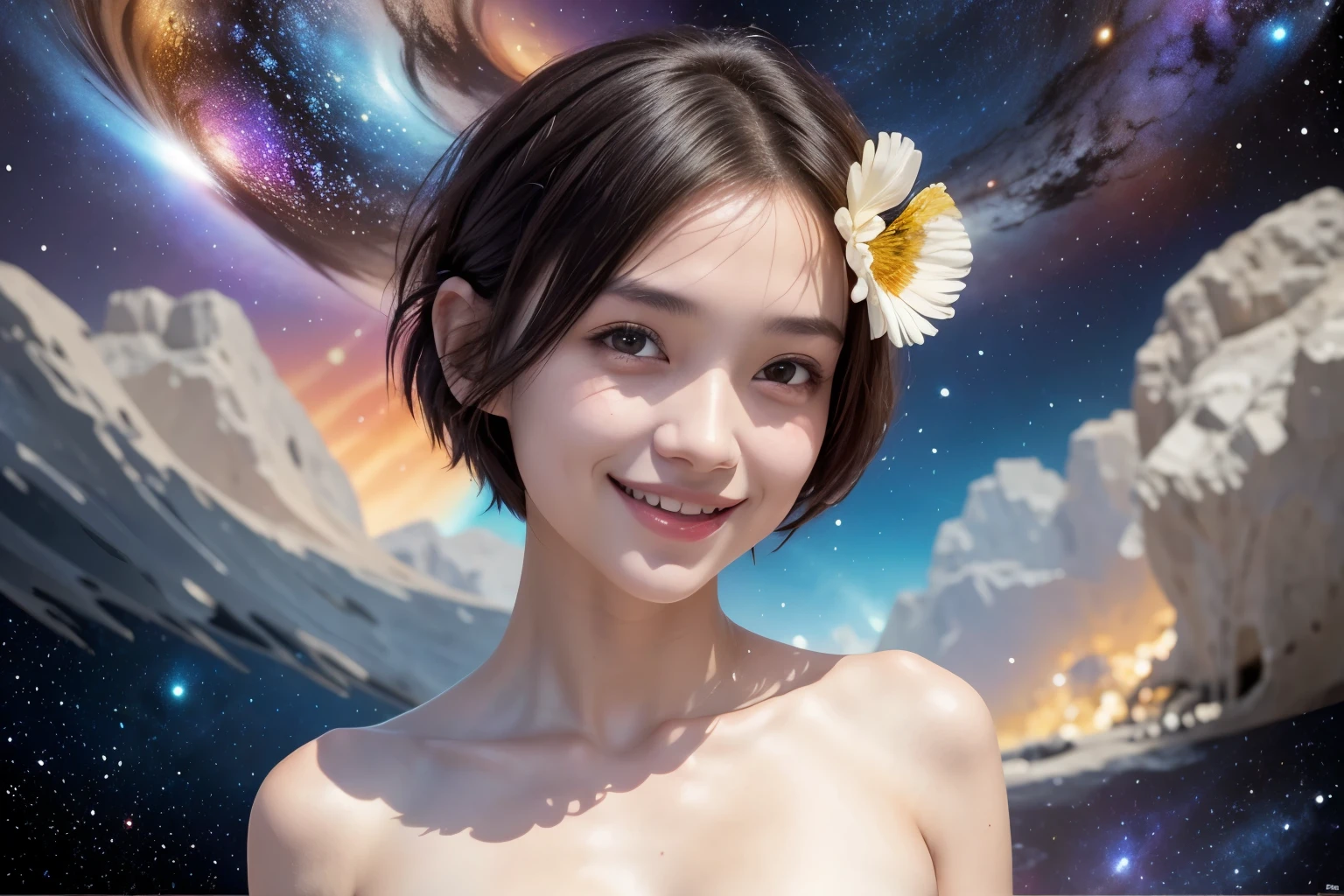 258 19-year-old female, (short hair),(Abstract background,universe), smile, flower