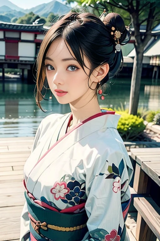 (Highest quality、 8k 、masterpiece、High resolution)、(whole body)、Vibrant colors、Brown-black bob、Traditional topknot、Ample breasts、(Detailed face,Beautiful Face,Beautiful Eyes,Beautiful nose,Pretty lips)、Official artwork、Ukiyo-e style、 (Beautiful woman in kimono)、(Vivid floral patterned kimono)、background、river、bridge、Mountain、Starry Sky、plum、