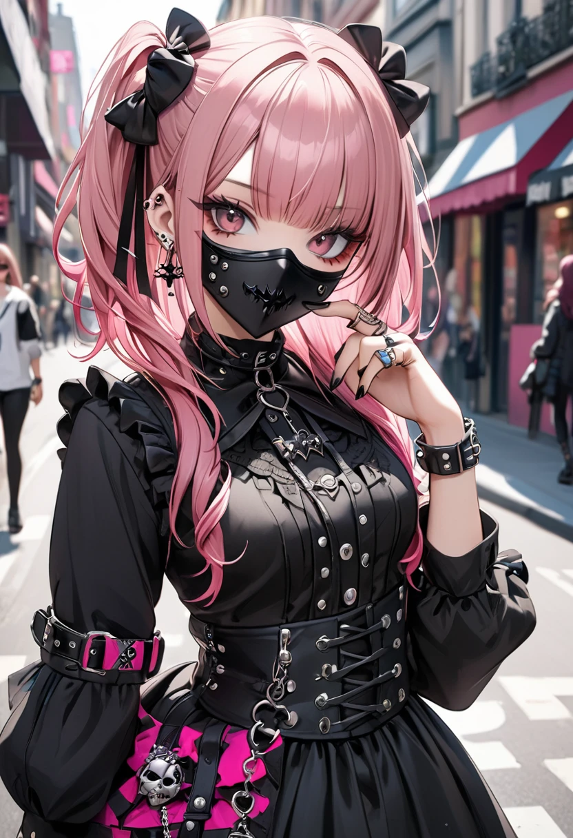 A beautiful girl with long brown and pink hair wearing a black mask and a Gothic Lolita punk outfit. Cool face, black nails, chunky ring. The background is street style.