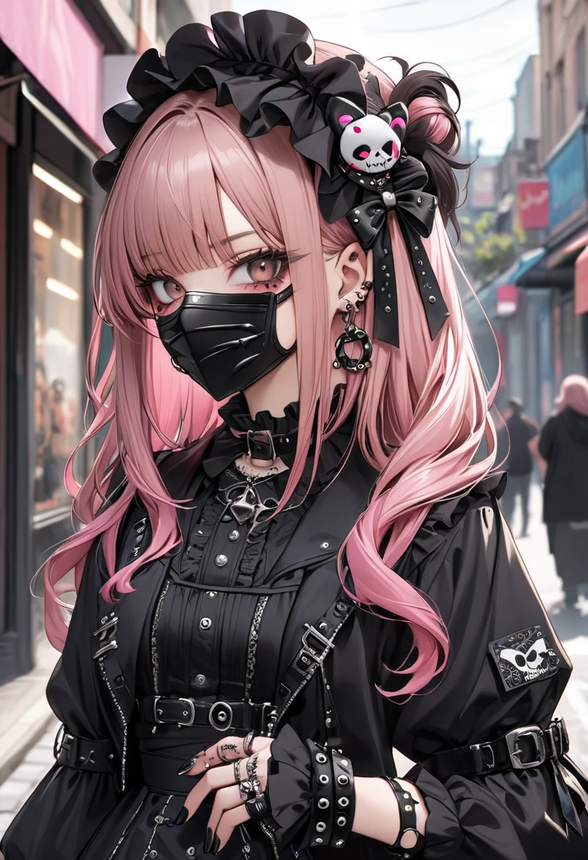 A beautiful girl with long brown and pink hair wearing a black mask and a Gothic Lolita punk outfit. Cool face, black nails, chunky ring. The background is street style.