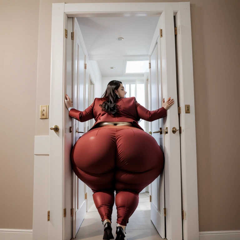 masterpiece, 1girl tall, fat, bottom heavy ssbbw british, 30 year old, behind a doorway, from behind, (doorstuck, stuckback:1.3), big belly, huge wide hips, massive butt,  thick thighs, colorful clothing, wearing a red suit and tie and formal pants, upset, she tries to wiggle her big body through the door, but the door is too small and she is stuck tight, she kicks and swings her legs back and forth in a panic, she is way too big and round to fit through,, she looks behind at the viewer politely asking for some help as she tries to pull herself out with all her might, she swings her hips desperately