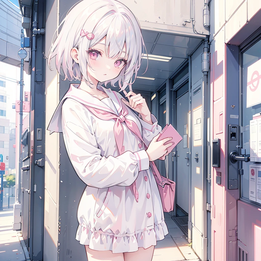 White hair. Short hair. 2-tone hair. anime girl. Pink eyes. Nekomimi. . Seifuku. At school. Study. 1girl.