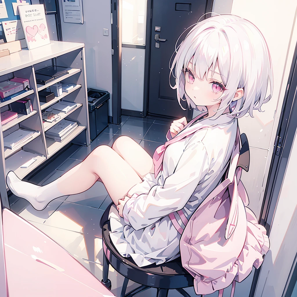 White hair. Short hair. 2-tone hair. anime girl. Pink eyes. Nekomimi. . Seifuku. At school. Study. 1girl.