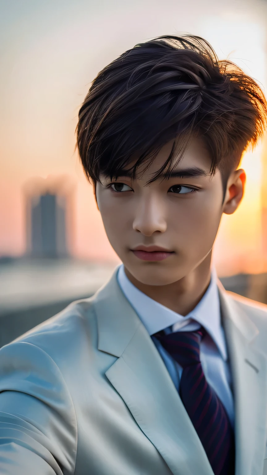Highest quality, masterpiece, Ultra-high resolution, (Realistic: 1.4), Original photo, wallpaper, Head Photo, skin, Simple Background, Iris, detailed, Selfie, 1 boy, 18-year-old, good looking, Wind,suit、Sunset