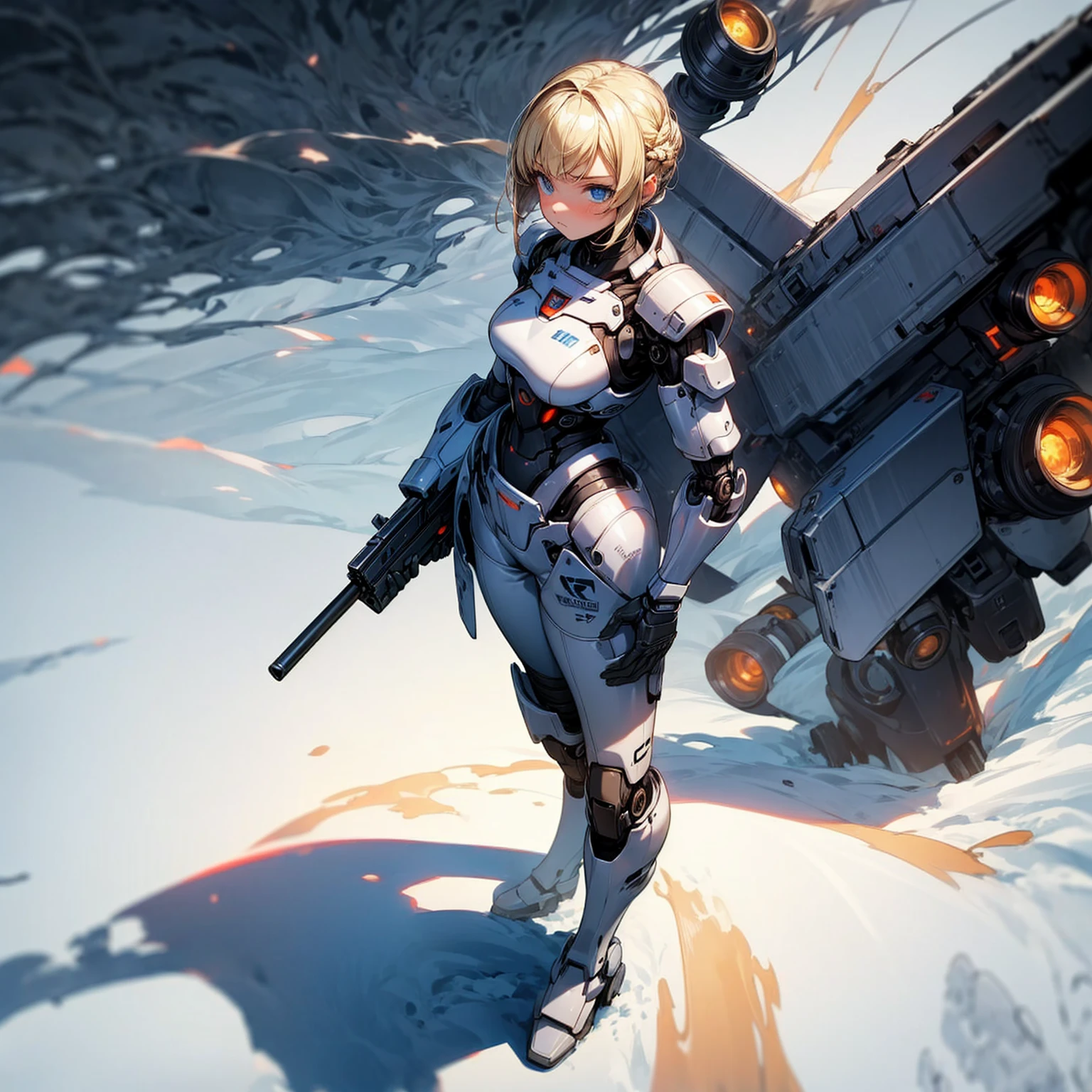 Ultra detailed, full background, Full body version, Grassroots, background in snow field, (solo, girl, cyborg, blue eyes, sad eyes, blonde color hair, bob hairstyle, pants, Boots), standing gesture, full robotic outfit, largest armor robotic, shotgun robot in hand, largest gun robot, smoke effect, plasma effect, lighting effect, Fire effect on background, high angle view 