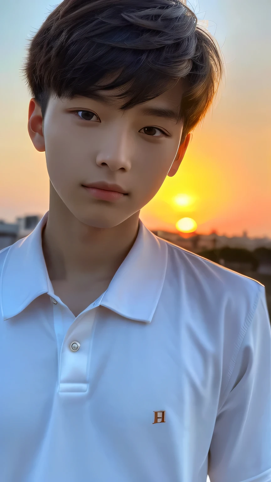 Highest quality, masterpiece, Ultra-high resolution, (Realistic: 1.4), Original photo, wallpaper, Head Photo, skin, Simple Background, Iris, detailed, Selfie, 1 boy, 18-year-old, good looking, Wind,suit、Sunset