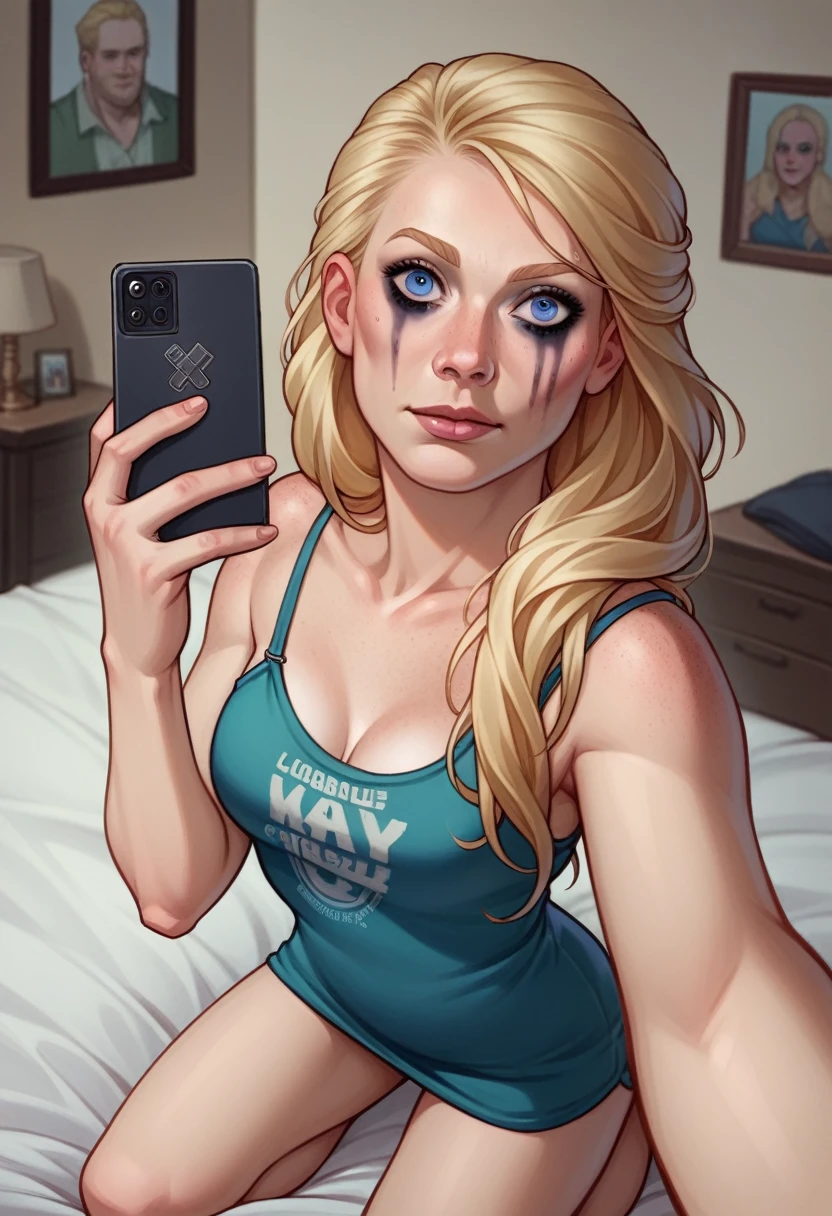Totally blonde woman , Sexy girl with blue eyes, ultra realistic, meticulously detailed, retrato viking barbie, blonde hair and large eyes, ((cara de barbie viking)) selfie of a young woman, Luxurious room , violet myers, no-makeup, Make-up natural, looking directly at the camera, guy with artgram, subtle makeup, stunning full body photo kneeling on bed, in the club, large size bust, show feets, tatoo, ((Full tatoo o arms)) .