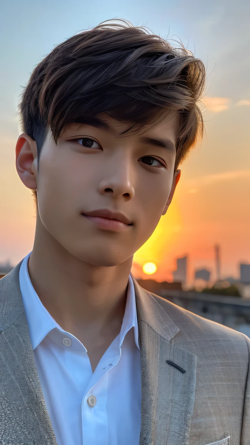 Highest quality, masterpiece, Ultra-high resolution, (Realistic: 1.4), Original photo, wallpaper, Head Photo, skin, Simple Background, Iris, detailed, Selfie, 1 boy, 18-year-old, good looking, Wind,suit、Sunset