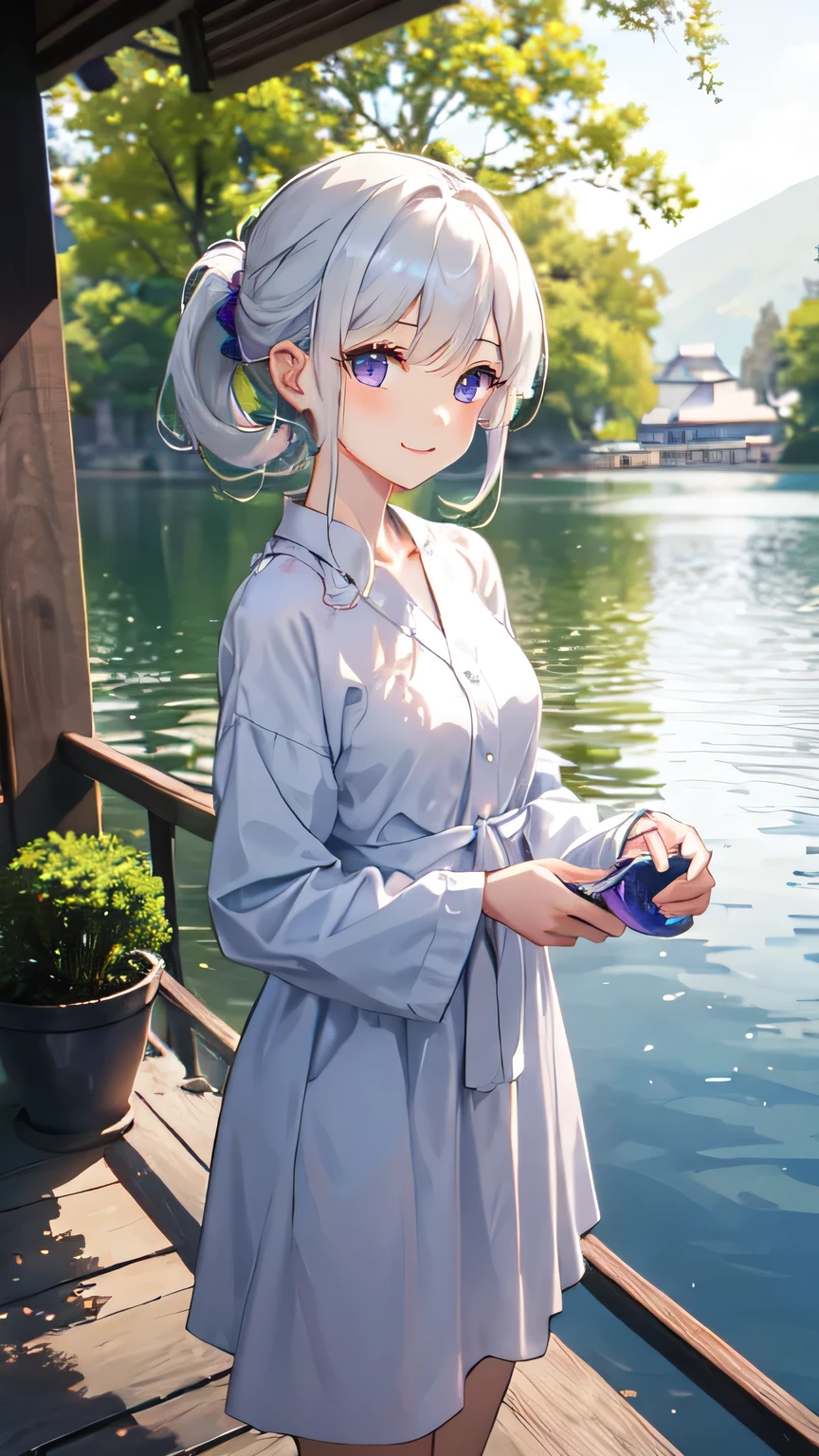 In the clear early morning air、A beautiful girl standing by the lake。White hair tied in a ponytail、Purple eyes shining in the morning sun。She gazed cheerfully at the lake&#39;s surface.、Smiling and taking a deep breath。The sight is as beautiful as a painting.。