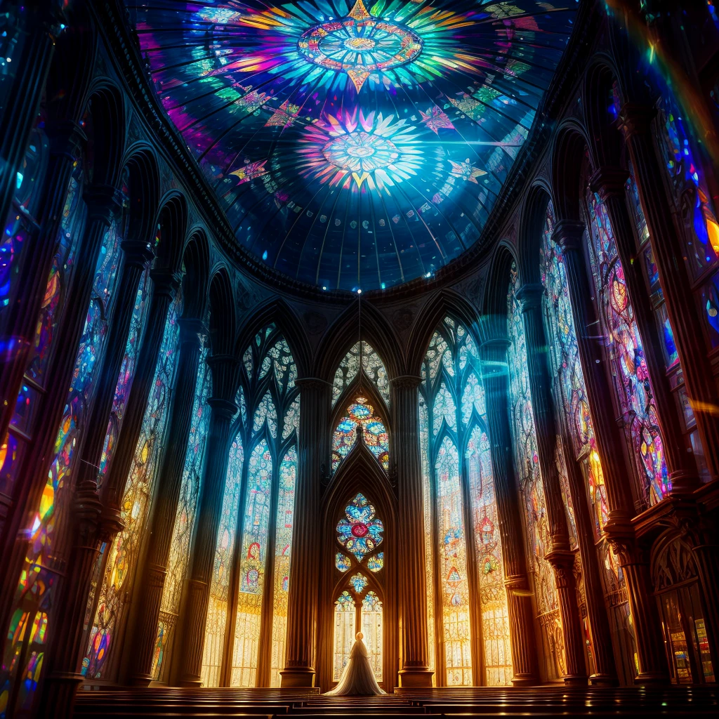 (Cathedral from below:1.28) (ZoomLayer) TopQuality 8K masterpiece of ((Professional photo)), (((Clarisse de Cagliostro))) (Detailed White WeddingDresses), Chain, (((Extremely detailed KAWAII face))) {((VeiledFace))|BlondeHair|(Elaborate BuleEyes)with(SparklingHighlights:1.28)}, The background is distant (((Elaborate stained glass))) Rainbow Glass, {(MysticSight)|EnchantingAtmosphere|Haze|(GodRays)|TyndallEffect}, Radiant PearlSkin with Transparency, (Exposed:0.39)