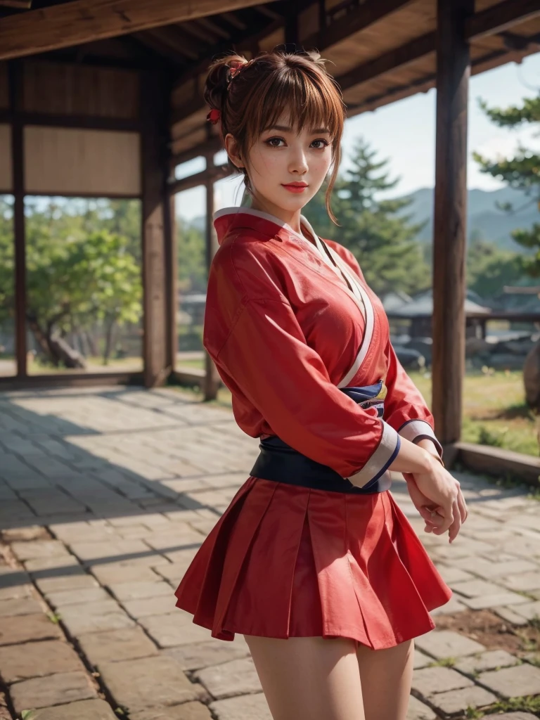 Kasumi, brown eyes, (best quality, ultra-detailed), (realistic:1.37), beautiful and detailed face, ultra-realistic texture, delicate face, delicate body, strong red lipstick, bright colors. High definition, 8K. expression with a slight sweet smile