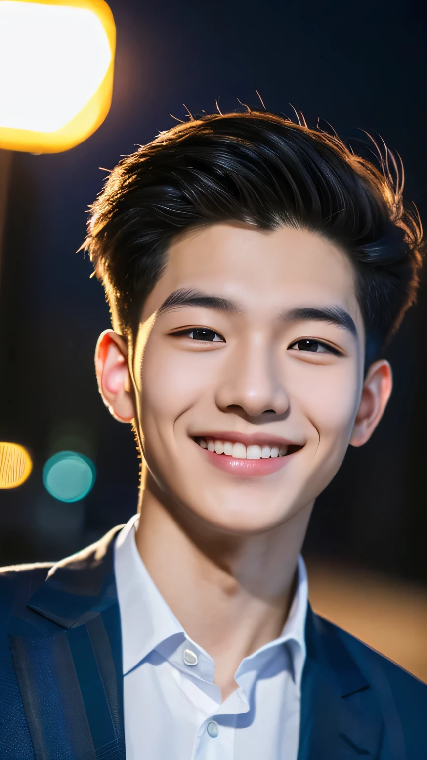 Highest quality, masterpiece, Ultra-high resolution, (Realistic: 1.4), Original photo, wallpaper, Head Photo, skin, Simple Background, Iris, detailed, Selfie, 1 boy, 18-year-old, good looking, Wind,suit、night、smile