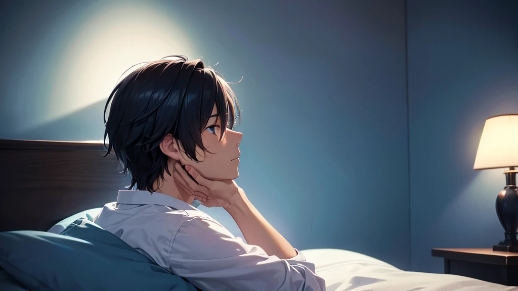 Profile view of Kenji sitting on his bed, illuminated by the blue light of his smartphone. His expression is thoughtful and slightly amazed. The room is dark except for the phone's glow, creating a intimate atmosphere.