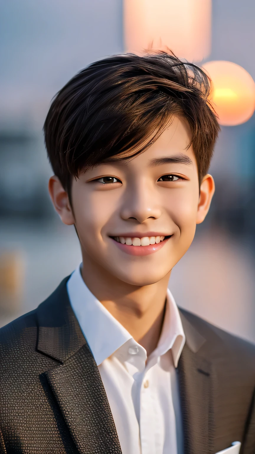 Highest quality, masterpiece, Ultra-high resolution, (Realistic: 1.4), Original photo, wallpaper, Head Photo, skin, Simple Background, Iris, detailed, Selfie, 1 boy, 18-year-old, good looking, Wind,suit、smile、Sunset
