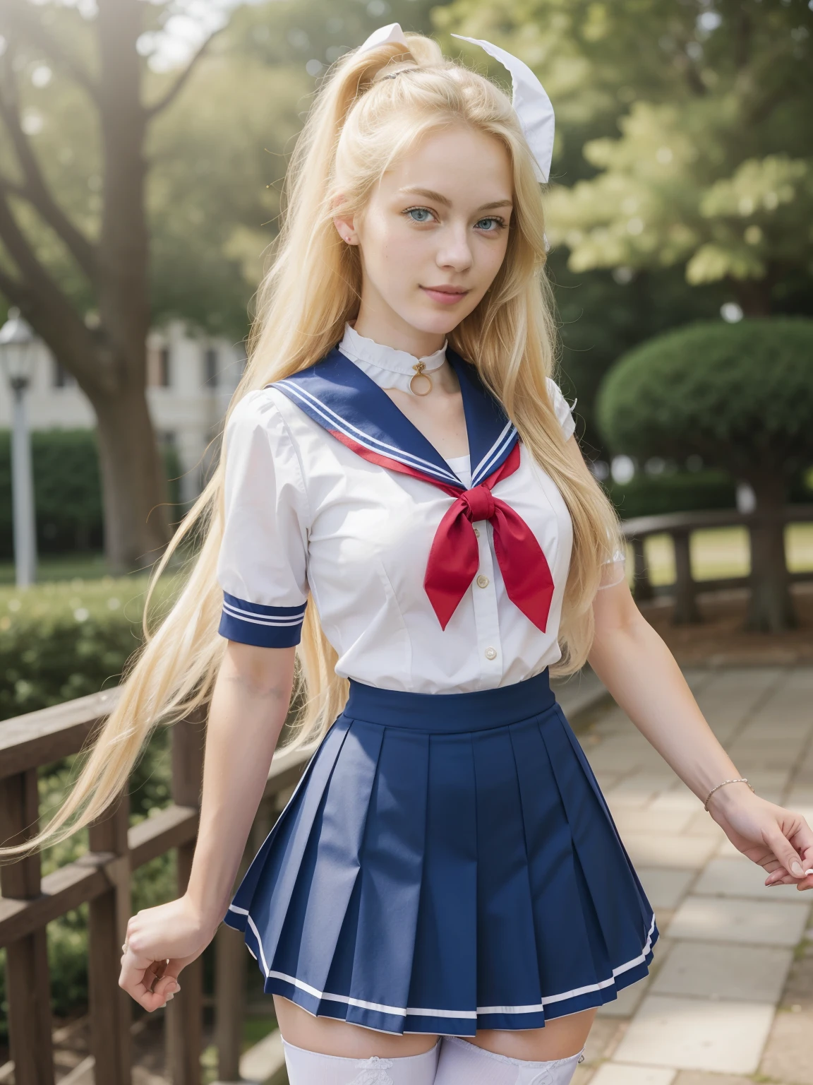 Masterpiece, hd, realistic, 1girl, 18 y.o, blonde hair, long hair, European girl, serafuku, sailor_uniform, white_uniform, blue pleated skirt, red sailor collar, short sleeves, standing, park