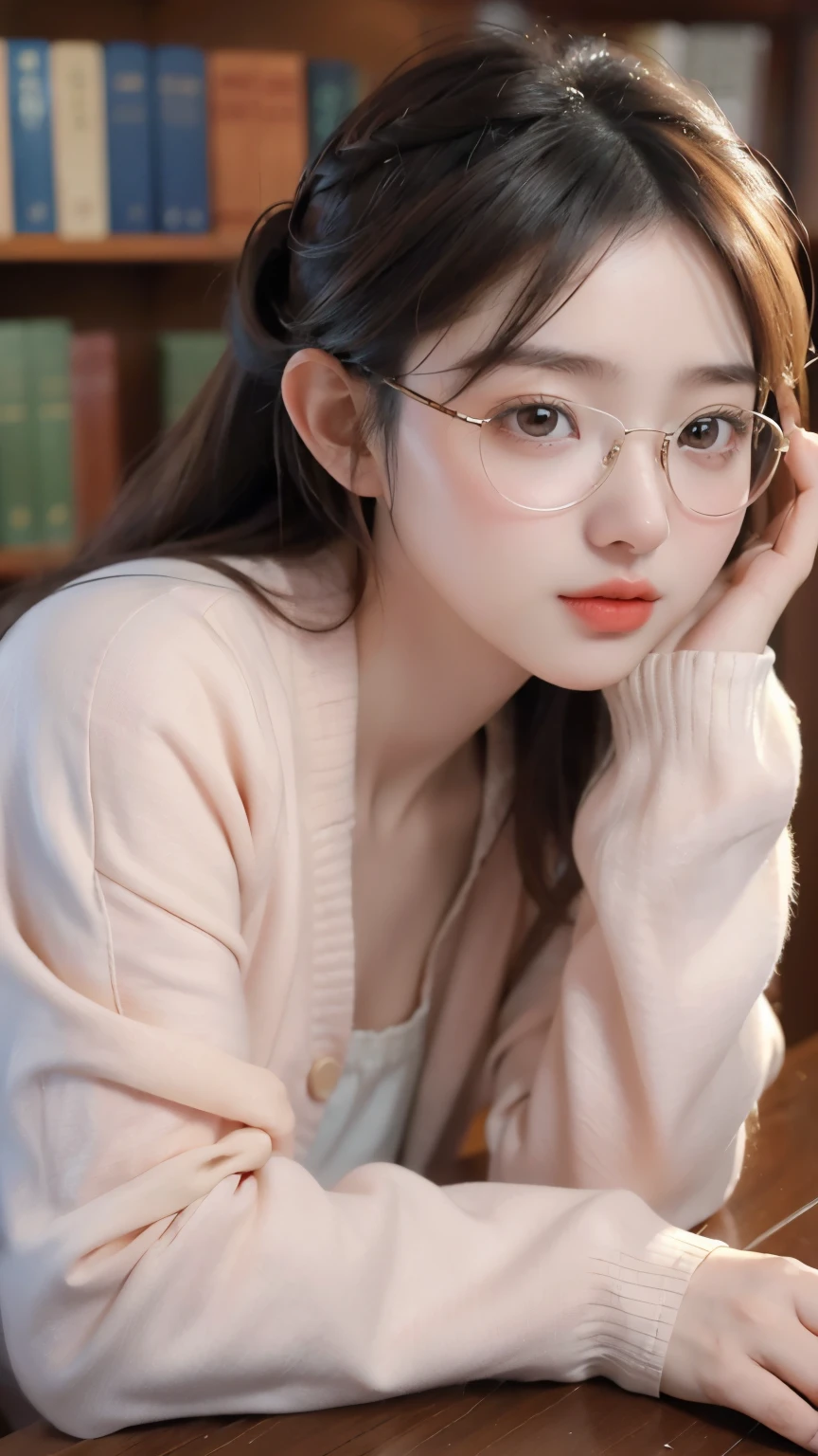 (masterpiece, best quality), (kpop idol, beautiful girl), BREAK 0406, (glasses:1.2), (. masterpiece, Highest quality, 8K, 1. Young Japanese Woman, Intellectual look, library, focusing, Surrounded by books, Glasses, Casual clothing, Natural hairstyle, Soft Light, Professional photography, Portraiture, Upper Body, Sophisticated, (Eye and facial details:1.2), Warm atmosphere