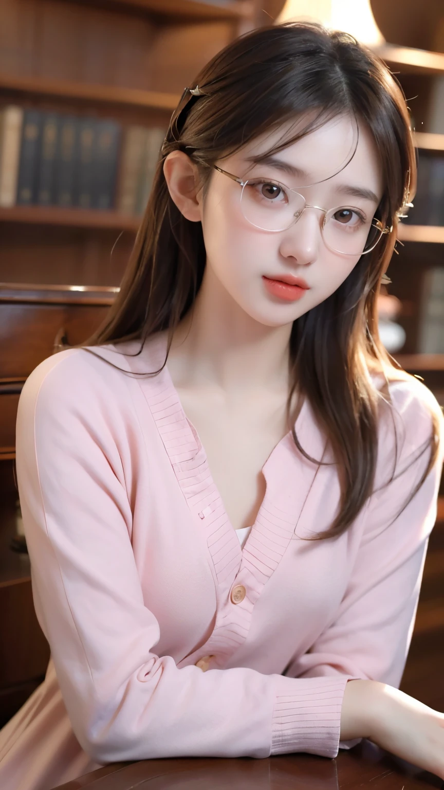(masterpiece, best quality), (kpop idol, beautiful girl),   BREAK  0406, (glasses:1.2), (. masterpiece, Highest quality, 8K, 1. Young Japanese Woman, Intellectual look, library, focusing, Surrounded by books, Glasses, Casual clothing, Natural hairstyle, Soft Light, Professional photography, Portraiture, Upper Body, Sophisticated, (Eye and facial details:1.2), Warm atmosphere